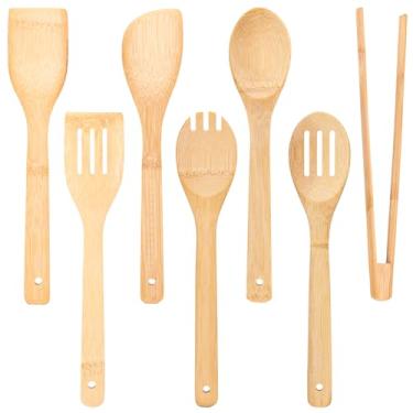 Imagem de Conjunto de utensílios de madeira para cozinhar, 7 peças, utensílios de cozinha de bambu, espátulas, colheres, pinças para mexer, servir, misturar, degustar
