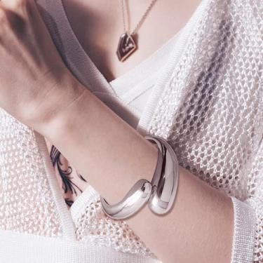 Imagem de Pulseira feminina banhada a ouro real 14 K, gota d'água, gota d'água, dobradiça torcida, irregular, minimalista, larga, dourada, aberta, oval, joia, gota d'água de prata