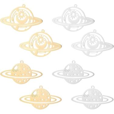 Imagem de 8 peças, 2 estilos, pingentes celestiais, 2 cores, universo plano, com pingentes de sol e estrela, corte a laser, decorações cosmos, ornamentos dourados de satélite, pingentes planetas de aço