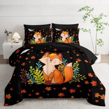Imagem de XYNHML Conjunto de edredom de raposa de desenho animado, 7 peças, para crianças, meninos, meninas, adultos, lua, plantas, folhas, conjunto completo com 2 lençóis, 2 fronhas, 2 fronhas