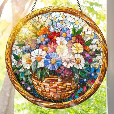 Imagem de Suncatcher acrílico colorido, decoração de janela suspensa de flores com design de vitral impresso, apanhador de sol, arte de parede de arco-íris, ideia de presente e ornamento de jardim, uso interno