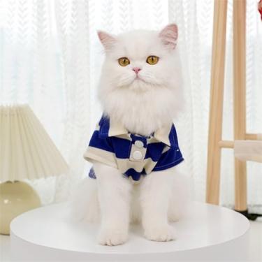 Imagem de Camiseta listrada de verão para cães e gatos pequenos - mistura de algodão respirável, azul, design de gola rolada para chihuahua, poodle, yorkie (GG)