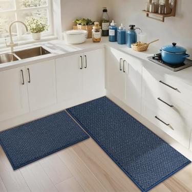 Imagem de COSY HOMEER - Tapetes de cozinha antiderrapantes laváveis 61 cm x 91 cm + 61 cm x 152 cm tapetes de cozinha absorventes para piso resistente a manchas conjunto de 2 tapetes de cozinha para pia, azul
