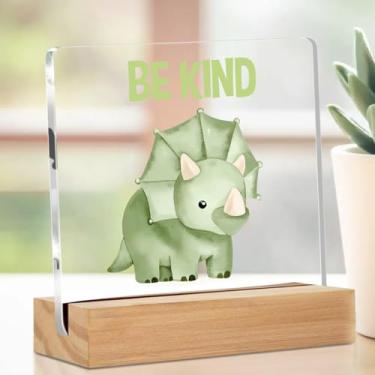 Imagem de Decoração de mesa de acrílico de dinossauro de desenho animado fofo com suporte 10 x 10 cm, placas decorativas de mesa Be Kind para sala de estar em casa, cubículo, presentes fofos