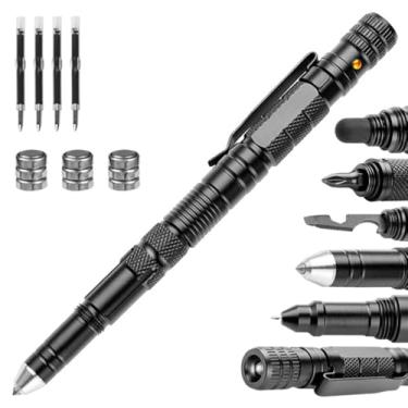 Imagem de Origin-Joy Caneta tática multiferramenta 8 em 1, ponta de autodefesa + lanterna + escrita + abridor de garrafa + caneta capacitiva + chave hexagonal + chave de fenda Phillips, 4 refis de tinta + 3