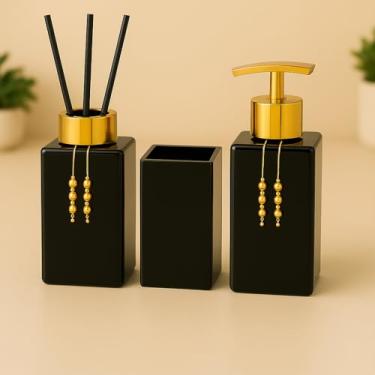 Imagem de Kit Banheiro Luxo Square – Sabonete Líquido, Difusor Aromatizante e Porta Escova de Vidro Decorativo 250ml (Preto Total C/Dourado)