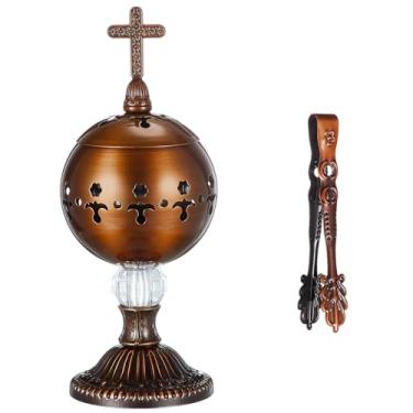 Imagem de Zonon Queimador de incenso católico com pinça, metal polido, carvão, latão, suporte para incensário, igreja, cristã, cones, cruz, 19 cm, ornamento de fragrância de aromaterapia (cobre vermelho)