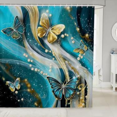 Imagem de jejeloiu Cortinas de chuveiro borboleta linda cortina de banheiro borboleta para crianças mulheres homens acessórios de banheiro azul dourado tecido de poliéster impermeável de luxo para barracas