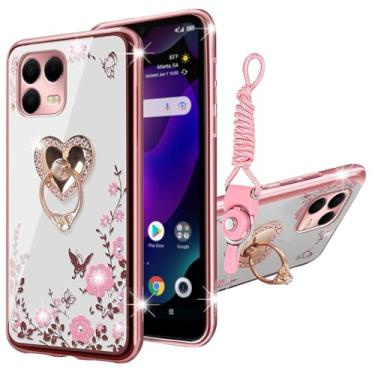 Imagem de KuDiNi Capa de telefone feminina T-Mobile REVVL 8 pro com glitter macio TPU luxuoso cristal borboleta coração floral capa protetora com suporte de anel + alça para T-Mobile REVVL 8 pro 5G (ouro rosa)