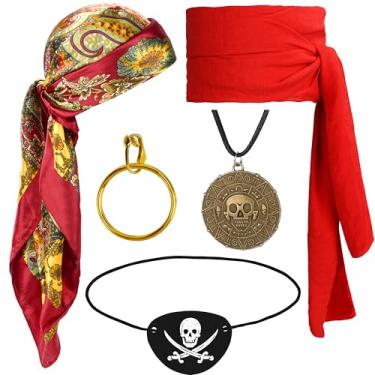 Imagem de Lavwix Conjunto de 5 acessórios de fantasia de pirata, lenço de cabeça com padrões vermelhos e dourados, faixa, colar com pingente, brinco dourado, aplique elástico para olhos de caveira para