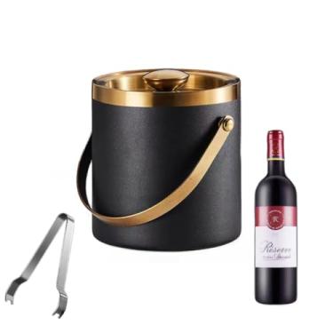 Imagem de Balde de gelo de aço inoxidável bicamada preservação do calor isolamento frio bonito Ktv champanhe vinho tinto cerveja grão de gelo balde de gelo comercial com pinça de gelo grátis (preto, 0,66 gal)
