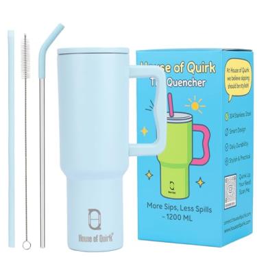 Imagem de House of Quirk Copo isolado a vácuo de aço inoxidável com canudo e tampa e alça, canecas de café de viagem para bebidas quentes com alça e garrafa de água isolada com canudo 1200 ml (azul pó), grande