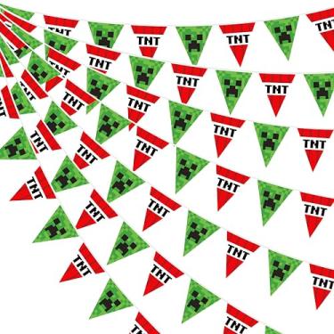 Imagem de Decorações de festa de 1,8 m com tema de mineiro vermelho verde faixa de nylon bandeira triangular flâmulas para meninos mineiro artesanato aniversário pixel gamer chá de bebê mineração artesanato