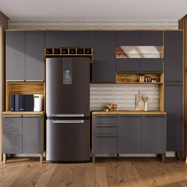 Imagem de Armário de Cozinha Modulada com Balcão e Tampo 13 Portas 2 Gavetas Xangai 100% Mdf com Vidro Reflecta Amêndoa/Cinza - Pnr Móveis