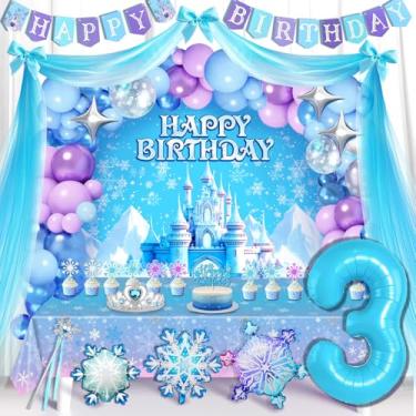 Imagem de Decorações de festa de aniversário Frozen - Kit de arco de guirlanda de balão de neve, balões de floco de neve, cortina de tule, faixa de aniversário, pano de fundo, toalha de mesa, coroa e varinha de