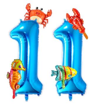 Imagem de Wuhetyo Balão azul número 11 de 101 cm, balão de alumínio de animais do oceano, 5 mini balões de animais marinhos fofos sob os balões de peixe para meninos meninas tema do mar, decoração de festa de