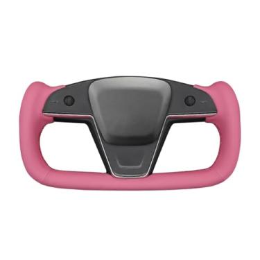 Imagem de MEWANT Capa de volante de couro rosa costurada à mão Tesla Model S Yoke para Tesla Model S 2021-2023 / Model X 2021-2023 Tesla Yoke Acessórios de volante