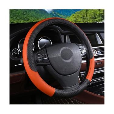 Imagem de FALVFUN Capa de volante de carro, couro elástico de 38 cm, protetor de volante de veículo, antiderrapante, respirável, acessórios de proteção interna automotiva, ajuste universal (preto/laranja)