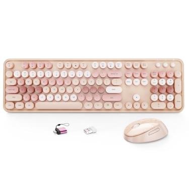 Imagem de HotFox Combo de teclado e mouse sem fio, teclado de máquina de escrever retrô de tamanho completo com teclas redondas, design ergonômico para Windows PC, uso doméstico e escritório - marrom