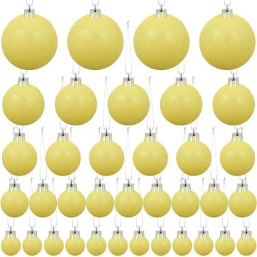 Imagem de 36 peças, 5 tamanhos, enfeites de bola de Natal amarela com glitter, árvore de Natal inquebrável, com laço para pendurar e corda, bola decorativa de Natal para decoração de guirlanda de guirlanda de