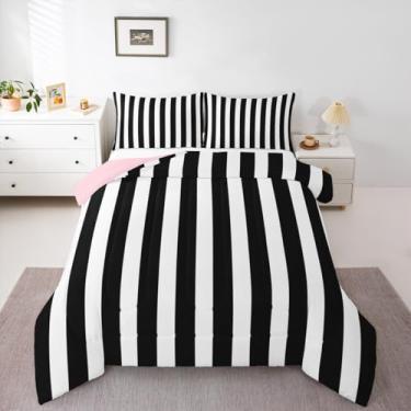 Imagem de Erosebridal Conjunto de edredom Queen listrado preto e branco (rosa reversível) | Conjunto de cama listrado rosa e preto para crianças, adolescentes e adultos, conjunto de colcha de cama para meninas