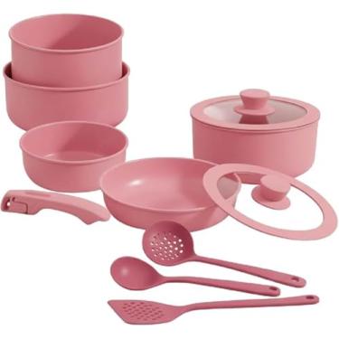 Imagem de Conjunto de Panelas Antiaderente em Cerâmica, 11 Peças, Rosa, com Cabos Removíveis, Design Empilhável, Tampas de Vidro, Compatível com Fogão a Gás, Elétrico e Indução