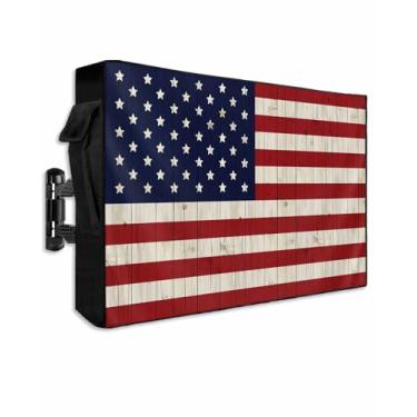 Imagem de DOME-SPACE Capa de TV externa para tela plana externa, bandeira americana em prancha de madeira, protetor de tela de TV externo à prova d'água 600D de espessura à prova de intempéries com zíper para