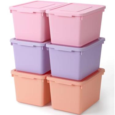 Imagem de Potchen 6 caixas de armazenamento de plástico com tampa média empilhável bloqueável 24 x 14 cm para organizar cestas de armazenamento para prateleiras de escritório (rosa, roxo, laranja)