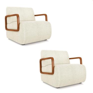 Imagem de Poltrona Sala De Estar Braço De Madeira Kit 2 Hellen Bouclê Bege K01 - D'rossi