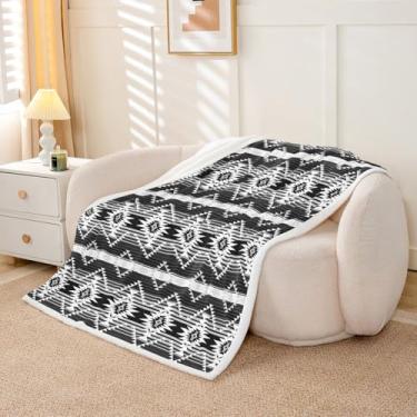 Imagem de Feelyou Cobertor de lã de ovelha ocidental para sofá asteca do sudoeste super macio aconchegante cobertor geométrico vintage para inverno, manta de pelúcia boho tribal rústico 127 cm x 152 cm cinza
