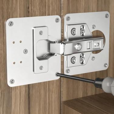 Imagem de Conjunto de 2 conjuntos de placas de reparo de dobradiça de armário com furo e parafuso de aço inoxidável placa de montagem de dobradiça de porta de armário de madeira