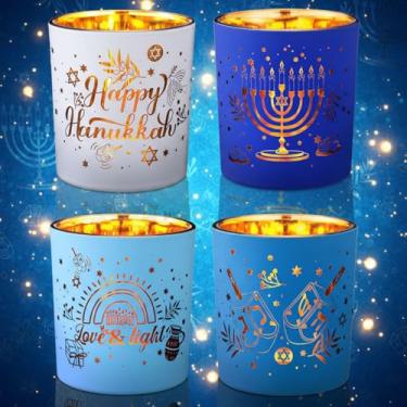 Imagem de Qinyoung Conjunto de 4 castiçais Happy Hanukkah Menorá, decorações de Hanukkah, luz de chá, velas votivas para mesa, lembrancinhas e presentes de festa judaica