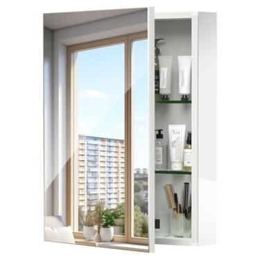 Imagem de BROBIG Armário de remédios para banheiro com espelho, 61 x 81 cm armário de remédios embutido ou espelho de parede com prateleiras de vidro ajustáveis de armazenamento, porta espelhada de borda