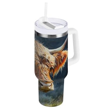 Imagem de xigua Copo Highland Cow de 850 g com tampa e canudo, aço inoxidável de vácuo duplo isolado garrafa de água esportiva suporte para copo de café de viagem à prova de vazamento para bebida gelada
