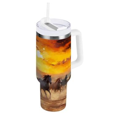 Imagem de xigua Copo Majestic Horse 1,134 g com tampa e canudo, aço inoxidável de vácuo duplo isolado garrafa de água esportiva suporte para copo de café de viagem à prova de vazamento para bebida gelada