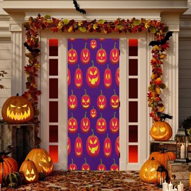 Imagem de ATTX Capa de porta da frente de abóbora de Halloween - Decoração de férias de tecido elástico lavável para festas, casa, decoração de porta da frente, 91 x 98 cm (550)