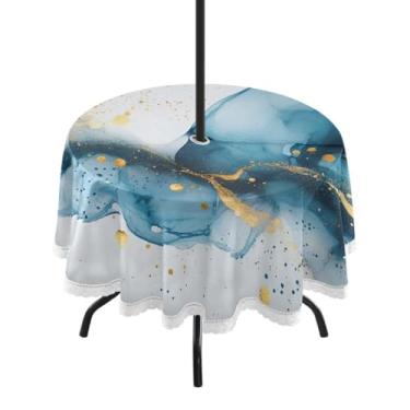 Imagem de GUIJI Toalha de mesa redonda de mármore esmeralda 3 com orifício para guarda-chuva e zíper para sala de jantar, festa e piquenique ao ar livre - 152 cm