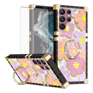 Imagem de Asuwish Capa de celular para Samsung Galaxy S22 Ultra 5G capa magnética com protetor de tela de vidro temperado e anel de flor de pintura suporte rígido S22ultra 22S S 22 S22ultra5g 6,8 mulheres