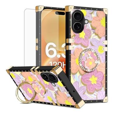 Imagem de Asuwish Capa de celular para iPhone 17 de 6,3 polegadas com protetor de tela de vidro temperado e flor de pintura anel protetor à prova de choque suporte rígido i Phone17 i17 17 capa feminina laranja