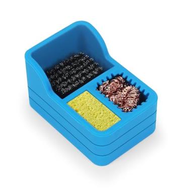 Imagem de Kit de limpeza de ponta de ferro de solda com lã de latão, esponja, escova de aço em suporte de silicone azul – Ferramenta de limpeza resistente ao calor e arranhões para solda, reparo eletrônico