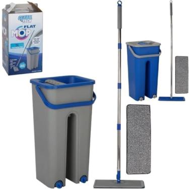 Imagem de Rodo Mop com Balde Lava e Seca, 5 Litros, 2 Refis Microfibra, Cabeça Giratória 360°, Azul e Cinza, PP e Aço Inox, 120cm