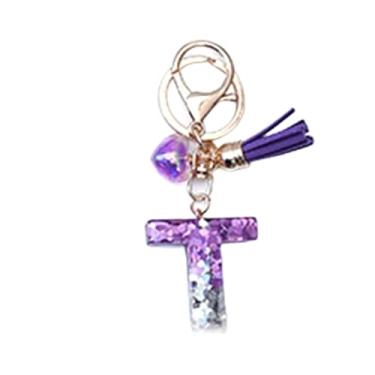 Imagem de 1 peça chaveiros com letras de coração de resina com pingente de borla índigo chaveiros de letras de resina para bolsa, carteira, mochila, Letra T gradiente indigo, 99mm