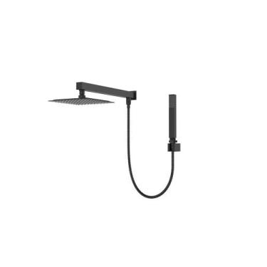 Imagem de Ducha Chuveiro Slim Prizi Quadrado 20x20cm Inox 304 Preto com Braço e 