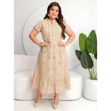 Imagem de Vestido Elegante Midi Gola Alta Manga Princesa Curta Bordado Algodão C