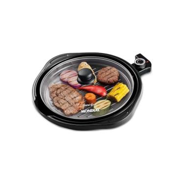 Imagem de Grill Elétrico Redondo Premium com Termostato, 1200W, 220V, Antiaderente, 40cm Diâmetro, Preto, com Bandeja Coletora