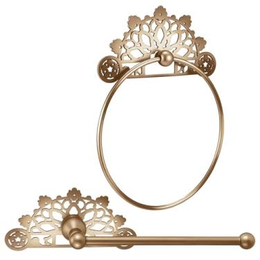 Imagem de Chunful 2 peças de suporte de papel higiênico de latão antigo e suporte de toalha de mão conjunto de acessórios de banheiro de latão antigo anel de toalha rack de papel higiênico retrô hardware de