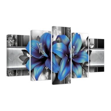 Imagem de CXHOSTENT Arte de parede em tela floral grande, 5 peças, impressões de imagens de lírio, pintura abstrata de flores, arte emoldurada, decoração de parede de galeria de quarto moderno (azul, 20 x 35 x