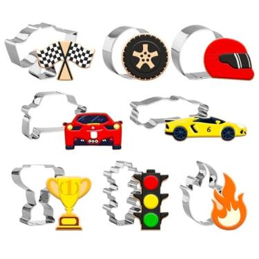 Imagem de JarThenaAMCS Conjunto de 8 peças de cortadores de biscoito de carro de corrida, capacete, roda, caminhão, troféu, moldes de corte de biscoito de aço inoxidável para casa, cozinha, festa, suprimentos