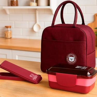 Imagem de Kit Bolsa Térmica Lancheira Necessaire com Porta Talheres Portátil e Pote Marmita 2 Andares de 950ml Para Vaigem Armazena Aliementos Primum (Vinho)