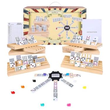 Imagem de Gonoelec Mexican Train Dominoes Set Double 15, Dominoes Set for Adults and Family, Mexican Train Double 15 Dominos Set Colored Dot - 136 Tiles in Tin Box, 9 Trains, Hub, 8PCS Wooden Trays
